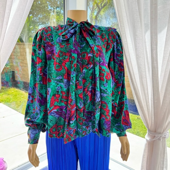 Vintage 80s Abstract Milla Blouse Size L Print Long Sleeve Mock Neck Artsy